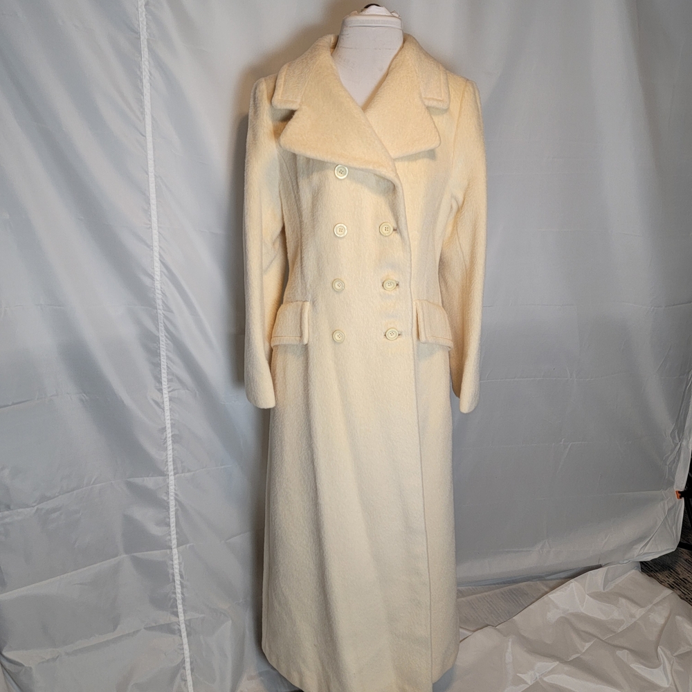 VINTAGE 70's Elegant Maxi Cream Wool Double Breasted Women's Coat By Charmossa